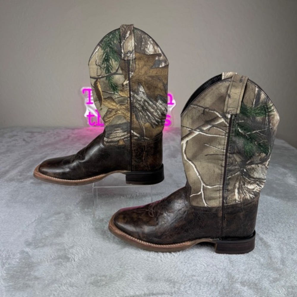 Old West BSY1848C Boys 6.5 D Camo Brown Leather Square Toe Cowboy Boots